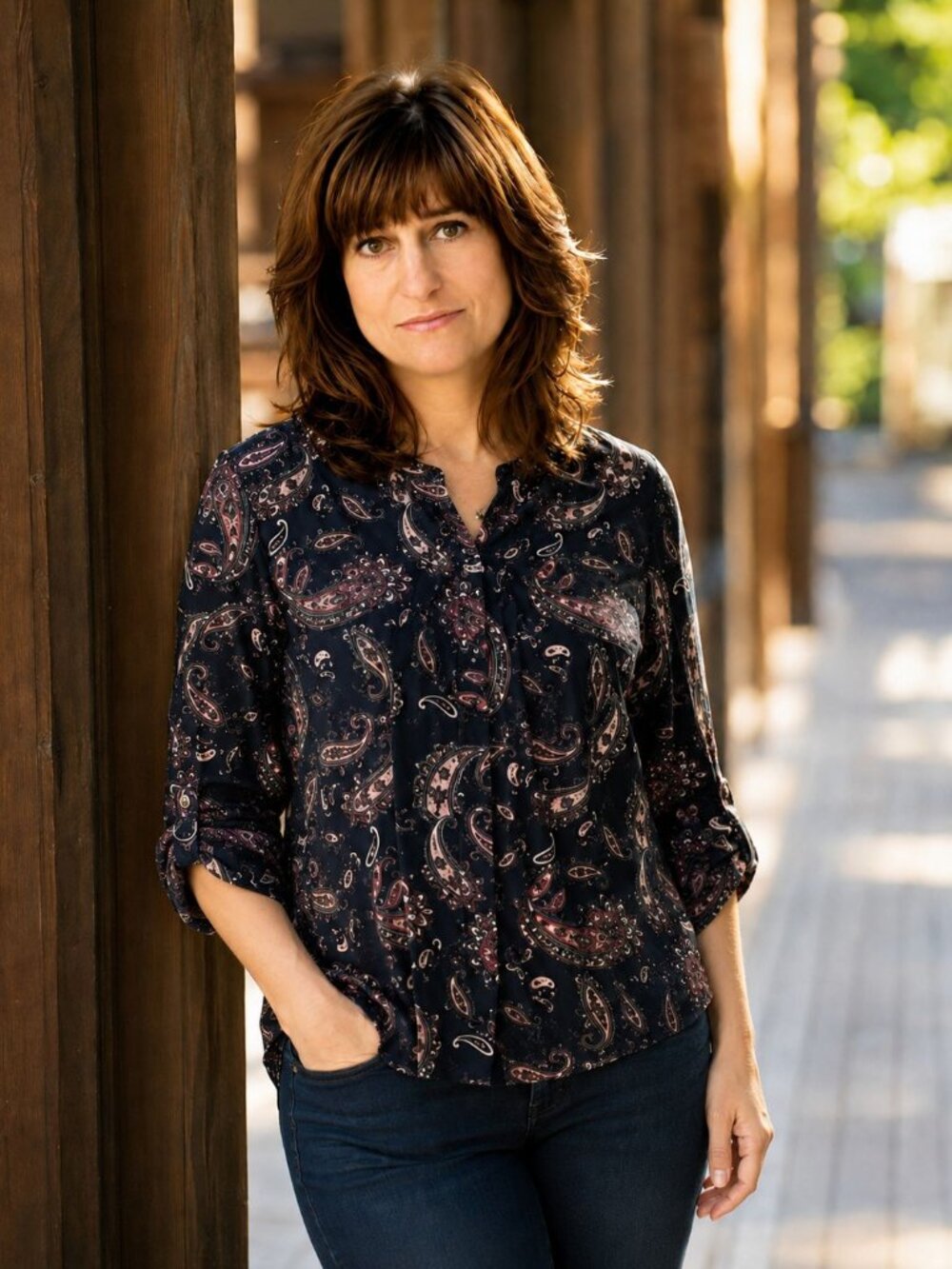 Joneswear Women’s Soft Stretch Paisley Blouse V-Neck Long Sleeve Career Work Top